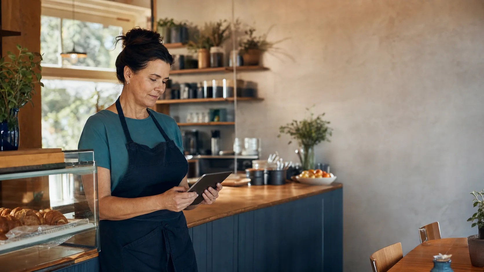 Independent café owner reviewing her business website and online orders